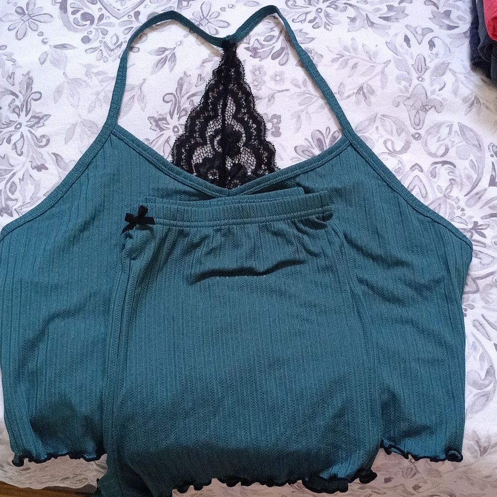 New Two Piece Pajama Set, shorts and crop top with lace
